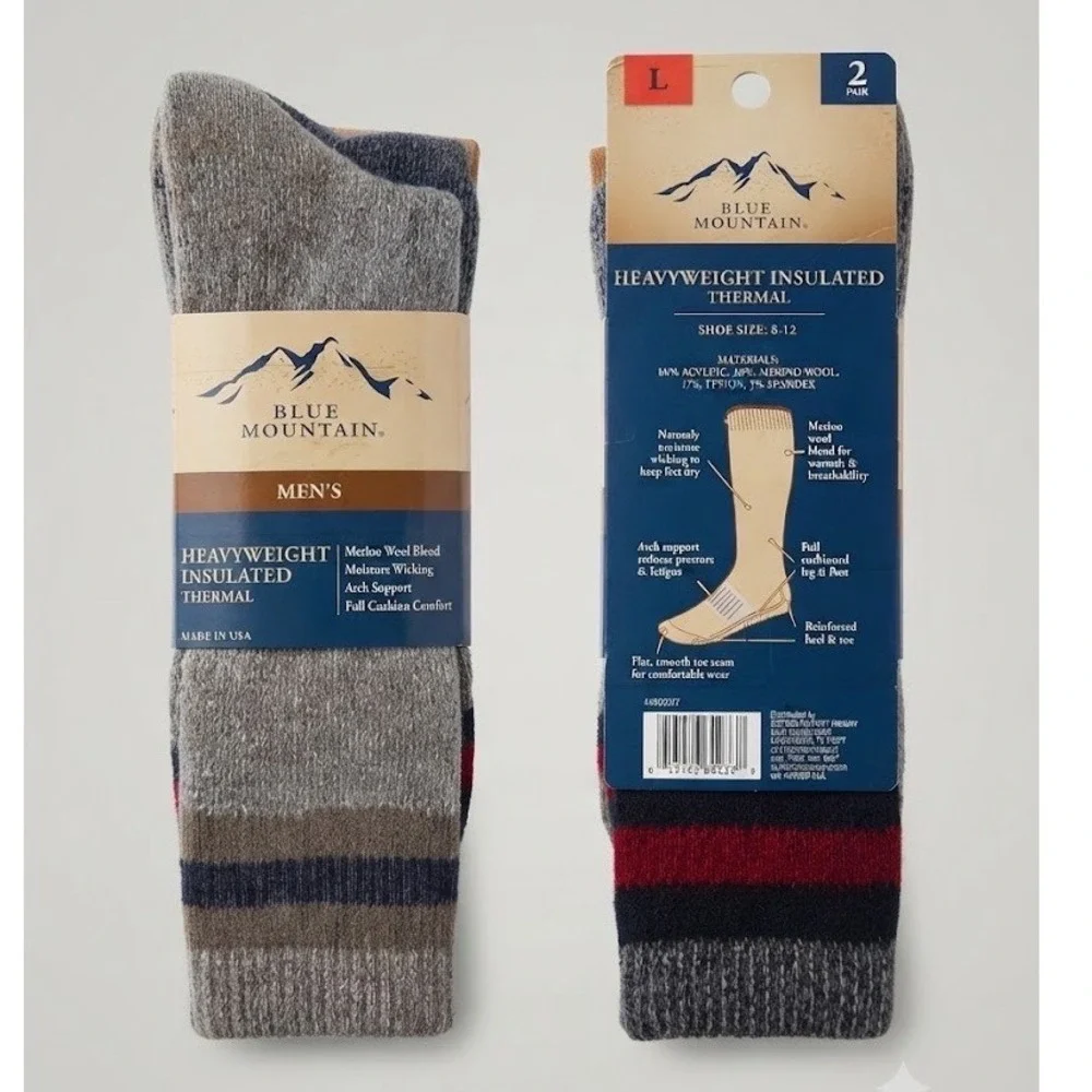 Blue Mountain Socks Mens L Heavyweight Insulated Thermal Merino Wool Blend 2PK